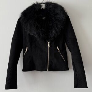 River Island Biker Jacket with Removable Fur Collar in Black